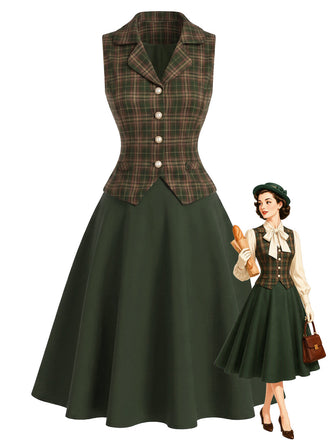 [Prevendita] 2PCS Completo Gonna Verde Scuro Anni '40 a Quadri con Gilet e Linea A