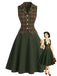 [Prevendita] 3PCS Completo Gonna Verde Anni '40 con Camicetta a Fiocco Gilet a Quadri e Linea A 15
