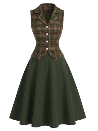 [Prevendita] 2PCS Completo Gonna Verde Scuro Anni '40 a Quadri con Gilet e Linea A 2
