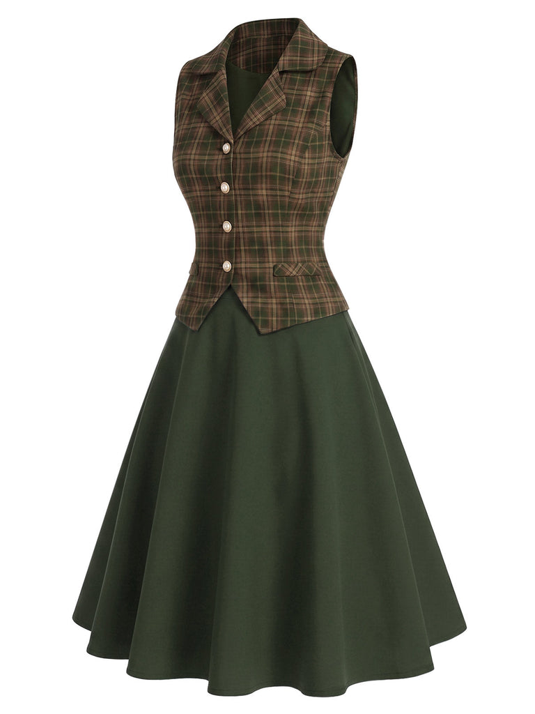 [Prevendita] 3PCS Completo Gonna Verde Anni '40 con Camicetta a Fiocco Gilet a Quadri e Linea A 17