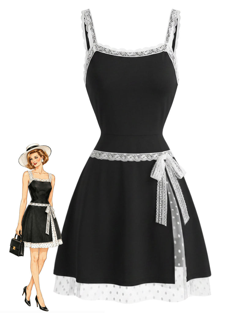 [Prevendita] Abito Black White Anni '60 White con Fiocco Tie in Pizzo con Bordo Cami
