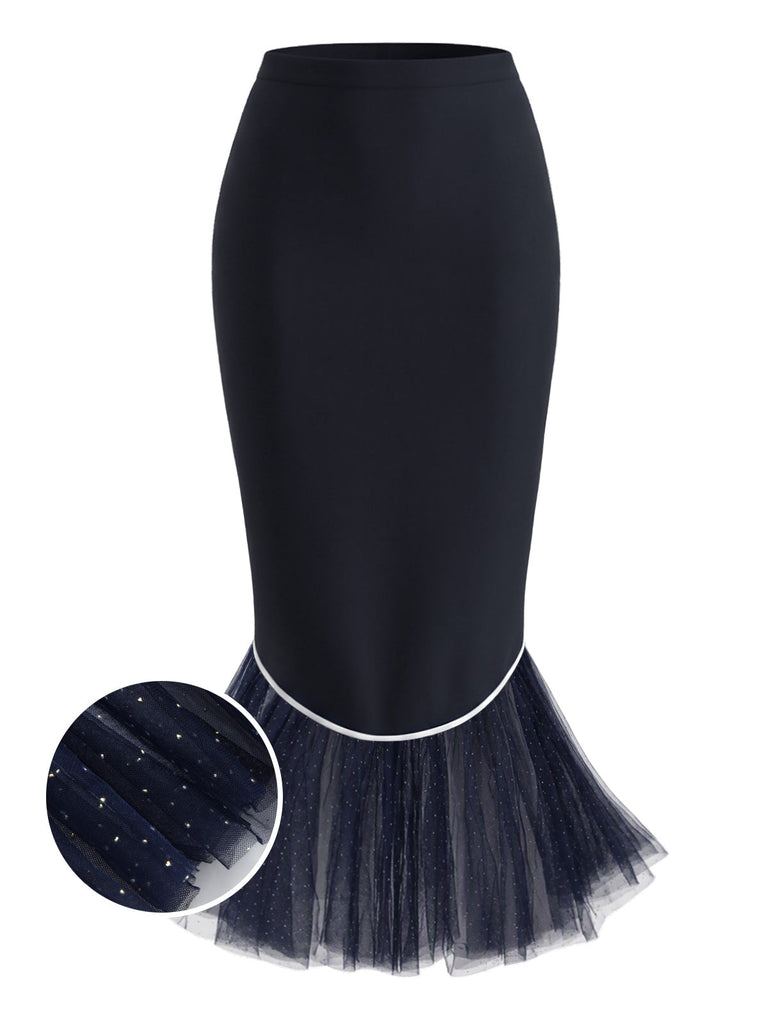 [Prevendita] Gonna Blu Scuro Anni '60 a Sirena con Bordo a Contrasto Orlo in Tulle