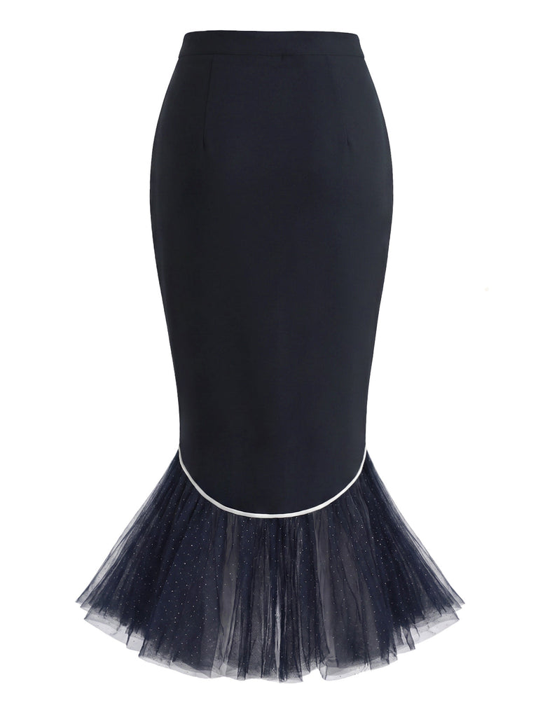 [Prevendita] Gonna Blu Scuro Anni '60 a Sirena con Bordo a Contrasto Orlo in Tulle 4