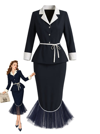 [Prevendita] 2PCS Completo blu scuro con giacca con revers e cintura e gonna a sirena con orlo in tulle Anni '60