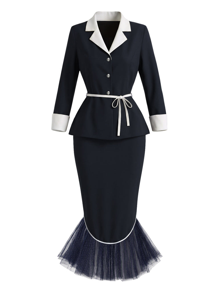 [Prevendita] 2PCS Completo blu scuro con giacca con revers e cintura e gonna a sirena con orlo in tulle Anni '60 2