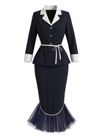 [Prevendita] 2PCS Completo blu scuro con giacca con revers e cintura e gonna a sirena con orlo in tulle Anni '60 2