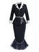 [Prevendita] 2PCS Completo blu scuro con giacca con revers e cintura e gonna a sirena con orlo in tulle Anni '60 2