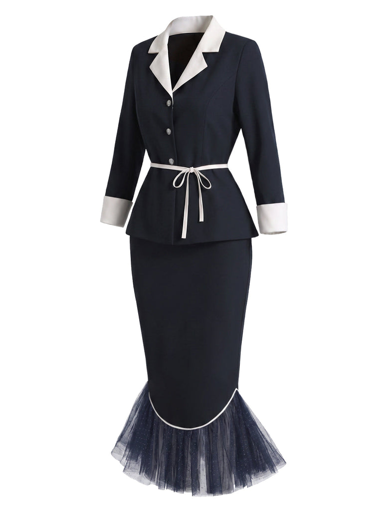 [Prevendita] 2PCS Completo blu scuro con giacca con revers e cintura e gonna a sirena con orlo in tulle Anni '60 3