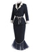 [Prevendita] 2PCS Completo blu scuro con giacca con revers e cintura e gonna a sirena con orlo in tulle Anni '60 3