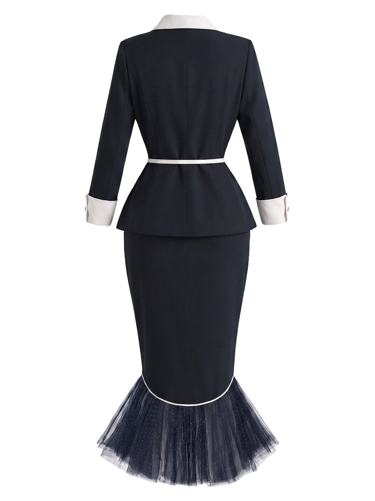 [Prevendita] 2PCS Completo blu scuro con giacca con revers e cintura e gonna a sirena con orlo in tulle Anni '60 4
