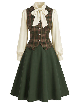 [Prevendita] 3PCS Completo Gonna Verde Anni '40 con Camicetta a Fiocco Gilet a Quadri e Linea A 2