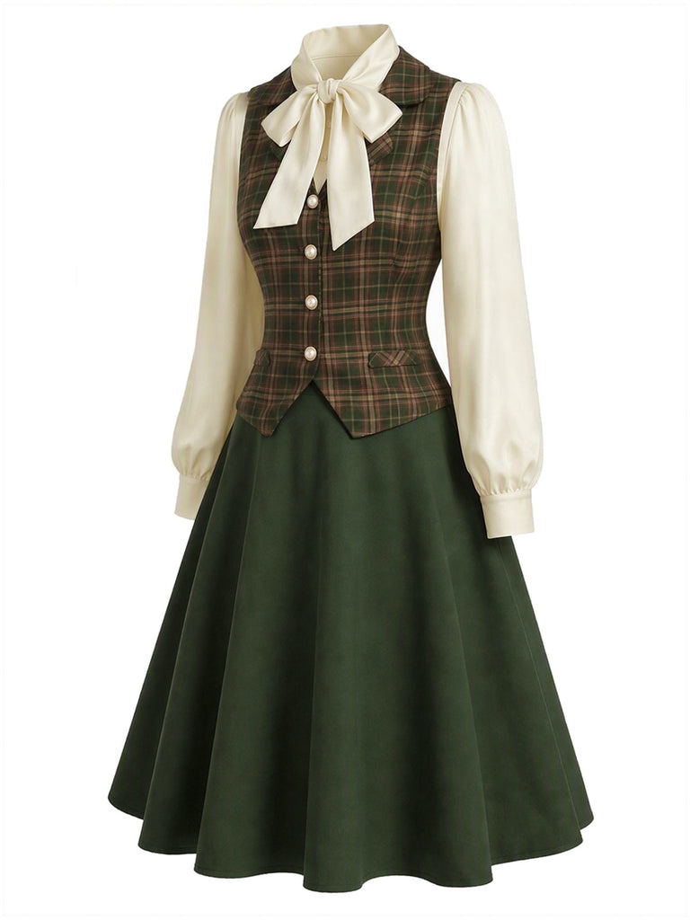 [Prevendita] 3PCS Completo Gonna Verde Anni '40 con Camicetta a Fiocco Gilet a Quadri e Linea A 3