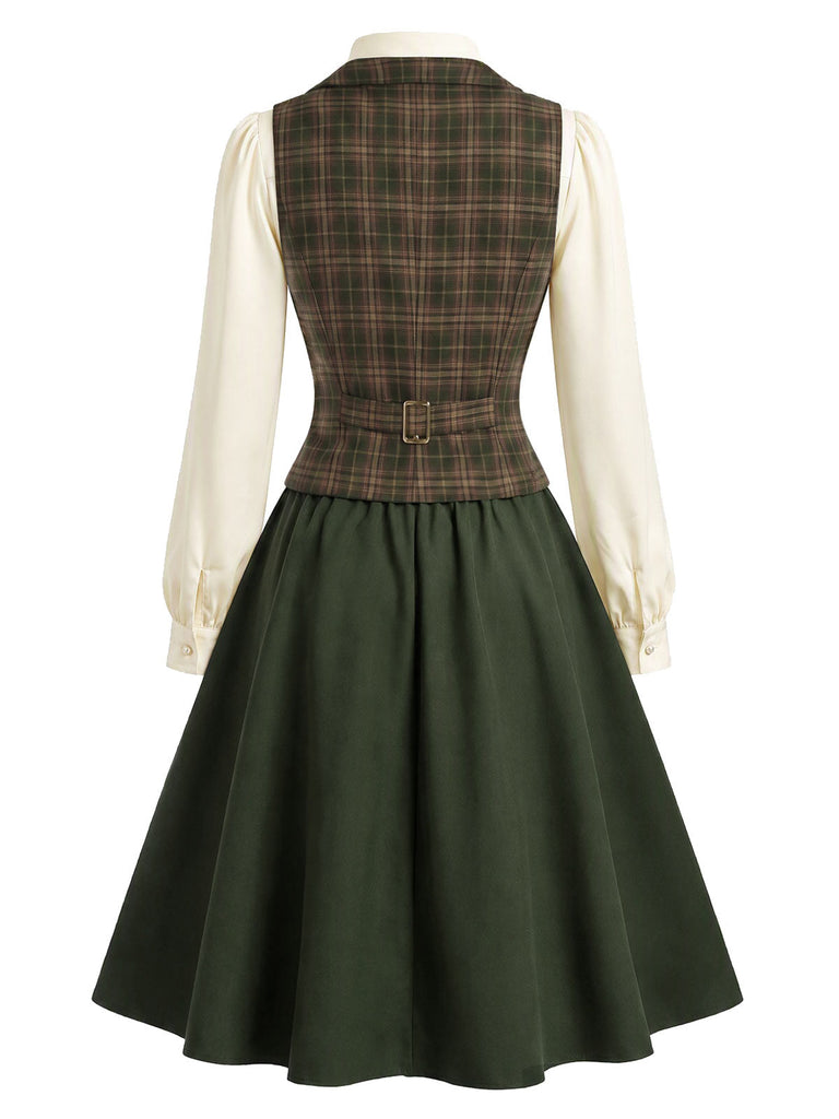 [Prevendita] 3PCS Completo Gonna Verde Anni '40 con Camicetta a Fiocco Gilet a Quadri e Linea A 4