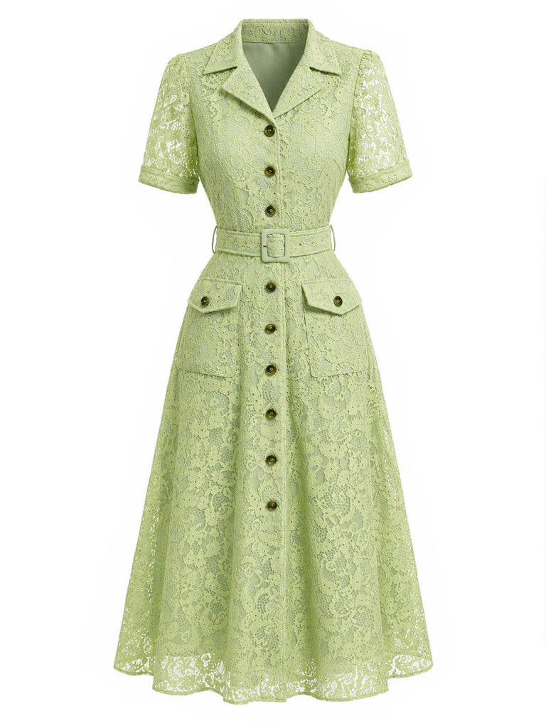 [Prevendita] Abito Giallo Verde Anni '40 in Pizzo con Cintura Colletto con Revers con Tasche Camicia 2