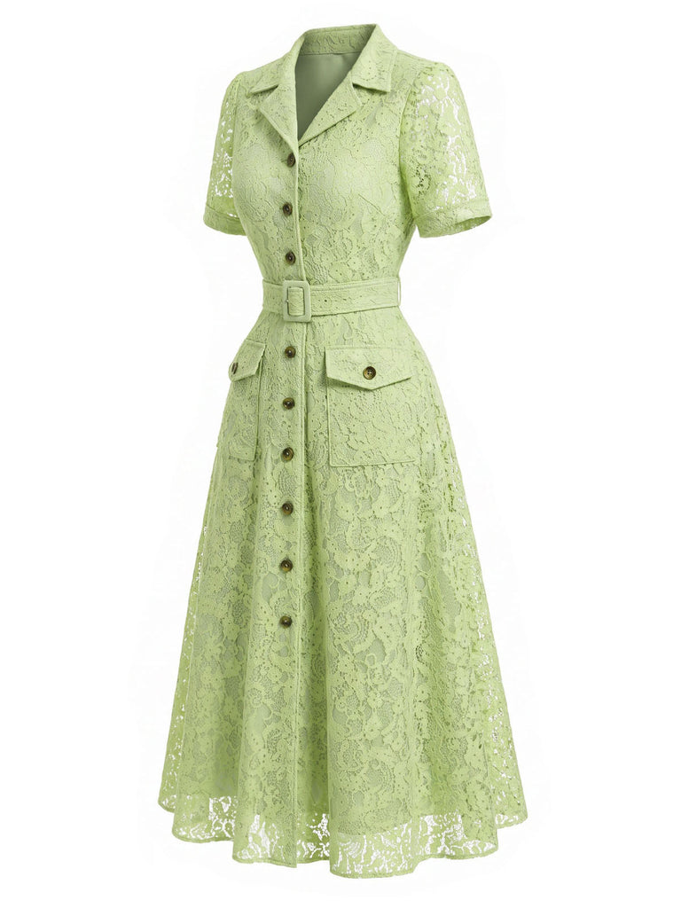 [Prevendita] Abito Giallo Verde Anni '40 in Pizzo con Cintura Colletto con Revers con Tasche Camicia 3