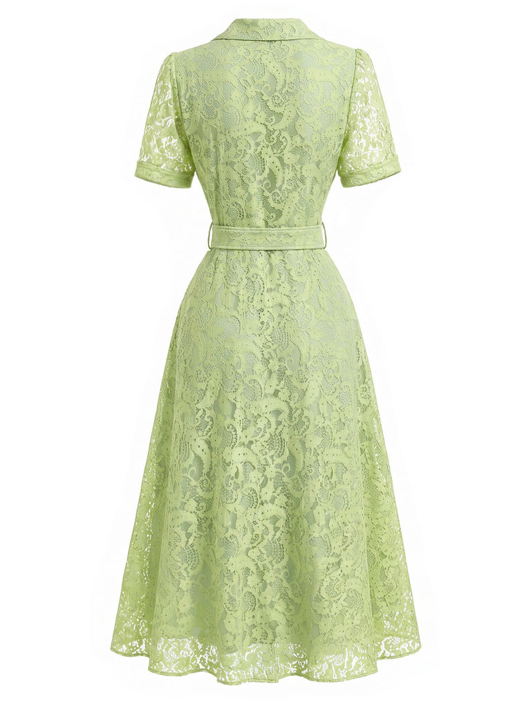 [Prevendita] Abito Giallo Verde Anni '40 in Pizzo con Cintura Colletto con Revers con Tasche Camicia 4