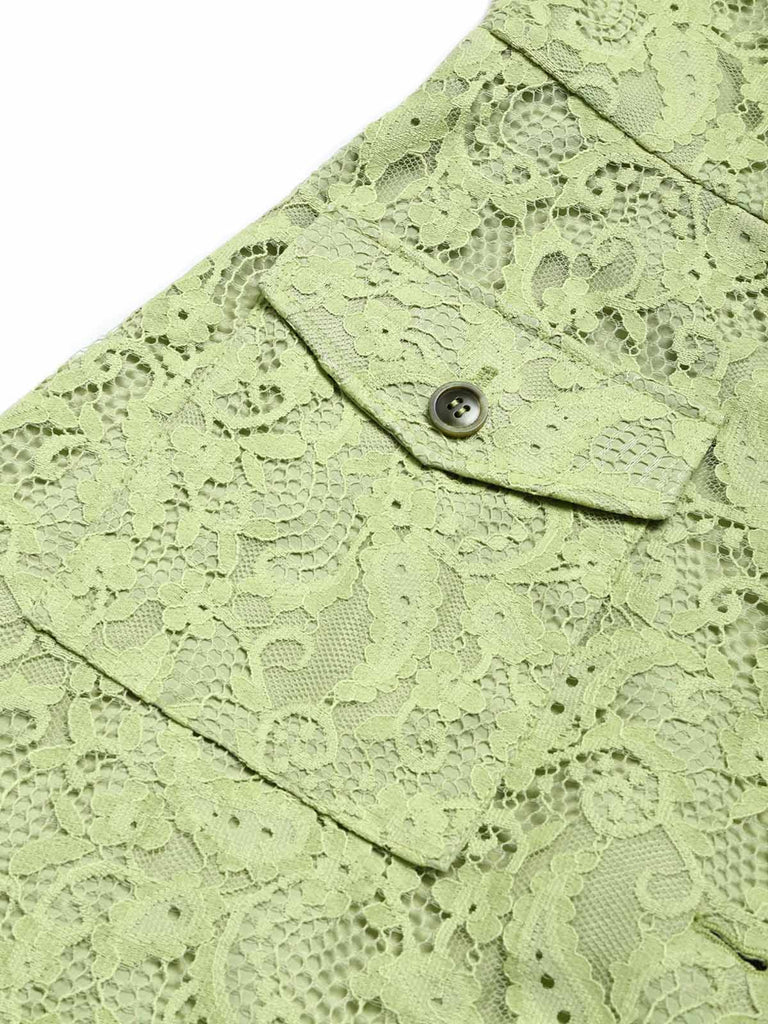 [Prevendita] Abito Giallo Verde Anni '40 in Pizzo con Cintura Colletto con Revers con Tasche Camicia 5