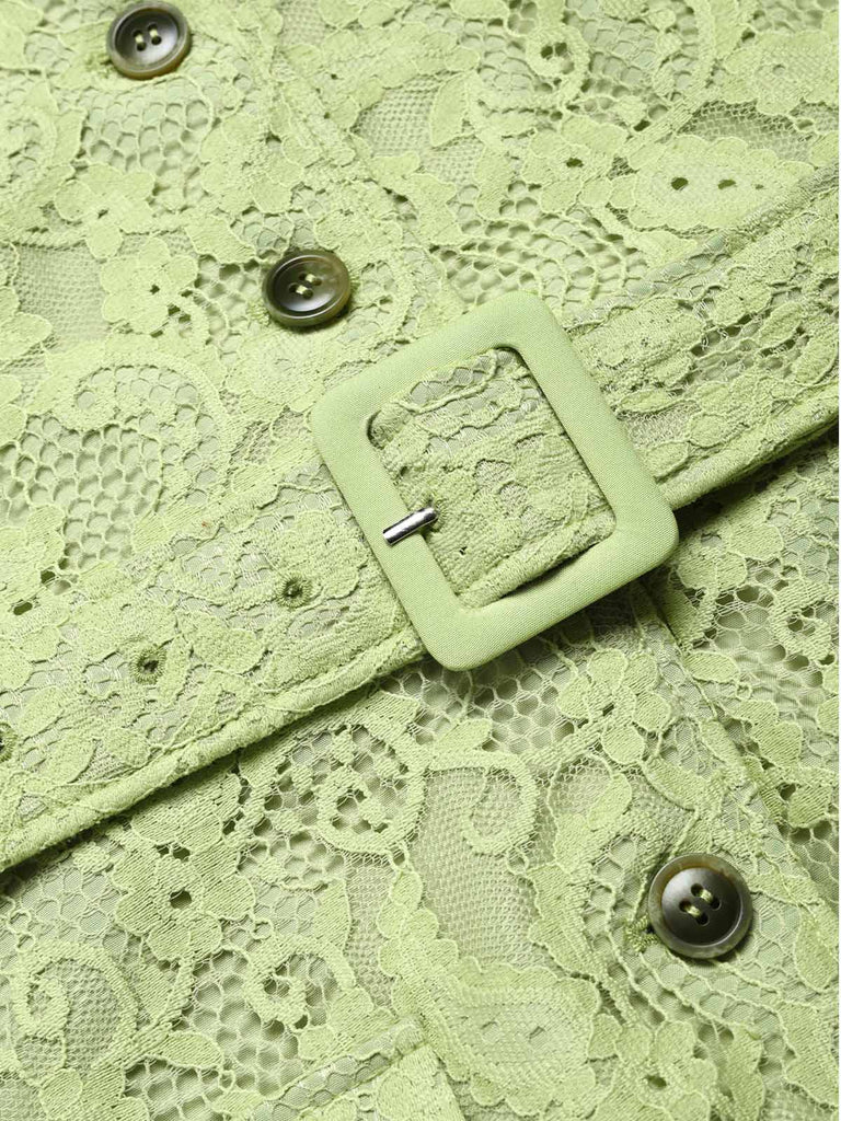 [Prevendita] Abito Giallo Verde Anni '40 in Pizzo con Cintura Colletto con Revers con Tasche Camicia 6