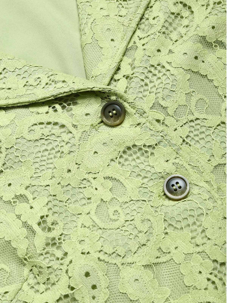 [Prevendita] Abito Giallo Verde Anni '40 in Pizzo con Cintura Colletto con Revers con Tasche Camicia 7