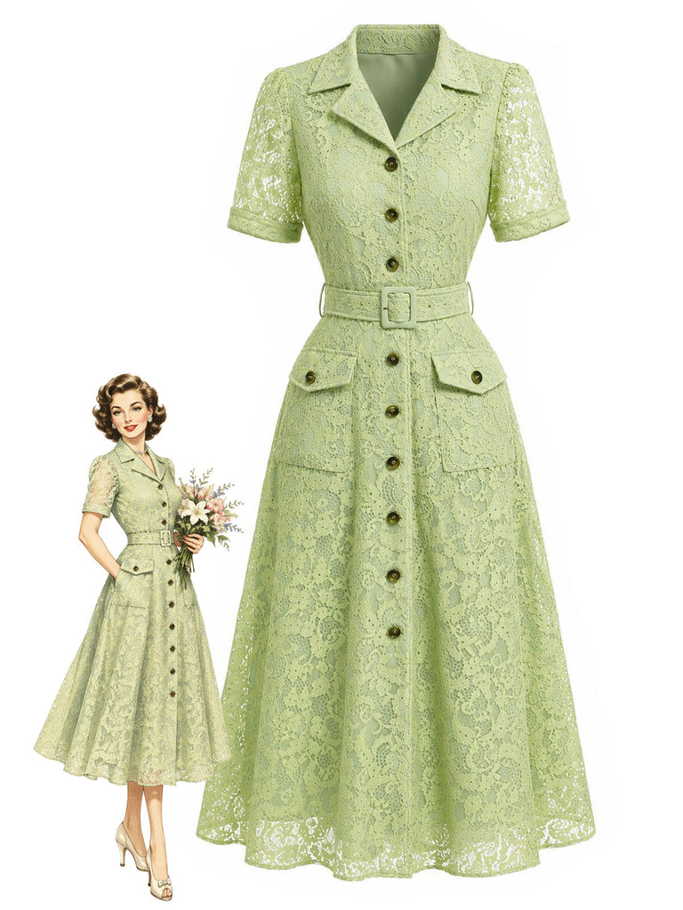 [Prevendita] Abito Giallo Verde Anni '40 in Pizzo con Cintura Colletto con Revers con Tasche Camicia