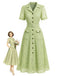[Prevendita] Abito Giallo Verde Anni '40 in Pizzo con Cintura Colletto con Revers con Tasche Camicia