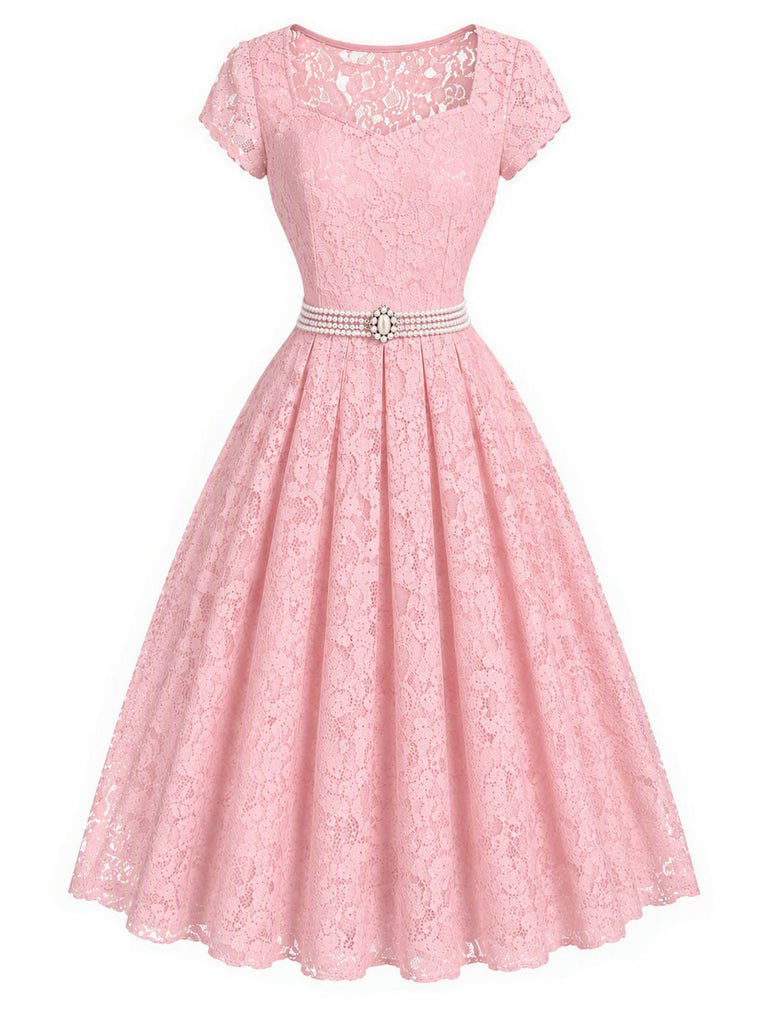 [Prevendita] Abito Rosa Anni '50 Scollo a Cuore in Pizzo con Perle Cintura Umbrella 2