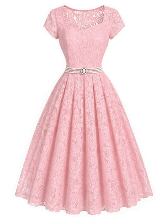 [Prevendita] Abito Rosa Anni '50 Scollo a Cuore in Pizzo con Perle Cintura Umbrella 2