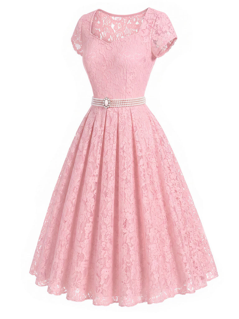 [Prevendita] Abito Rosa Anni '50 Scollo a Cuore in Pizzo con Perle Cintura Umbrella 3