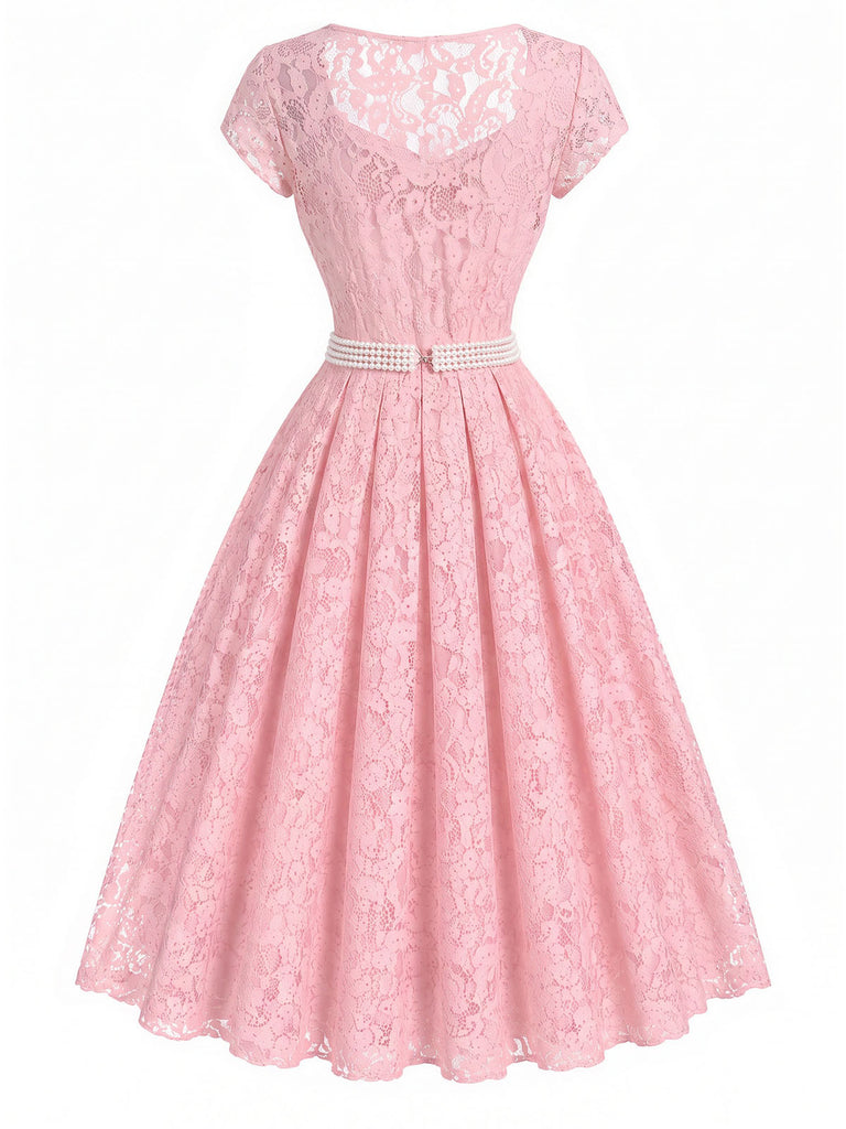 [Prevendita] Abito Rosa Anni '50 Scollo a Cuore in Pizzo con Perle Cintura Umbrella 4