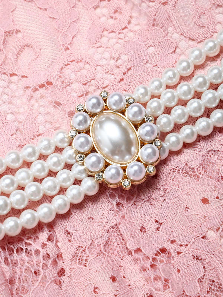 [Prevendita] Abito Rosa Anni '50 Scollo a Cuore in Pizzo con Perle Cintura Umbrella 5