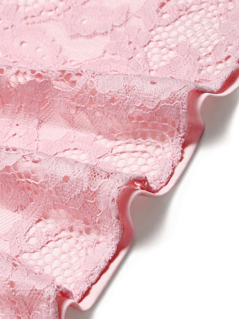 [Prevendita] Abito Rosa Anni '50 Scollo a Cuore in Pizzo con Perle Cintura Umbrella 6