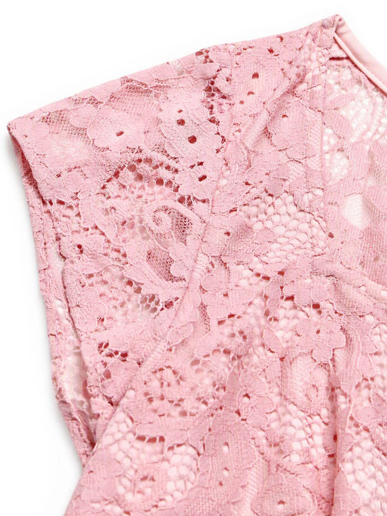 [Prevendita] Abito Rosa Anni '50 Scollo a Cuore in Pizzo con Perle Cintura Umbrella 7