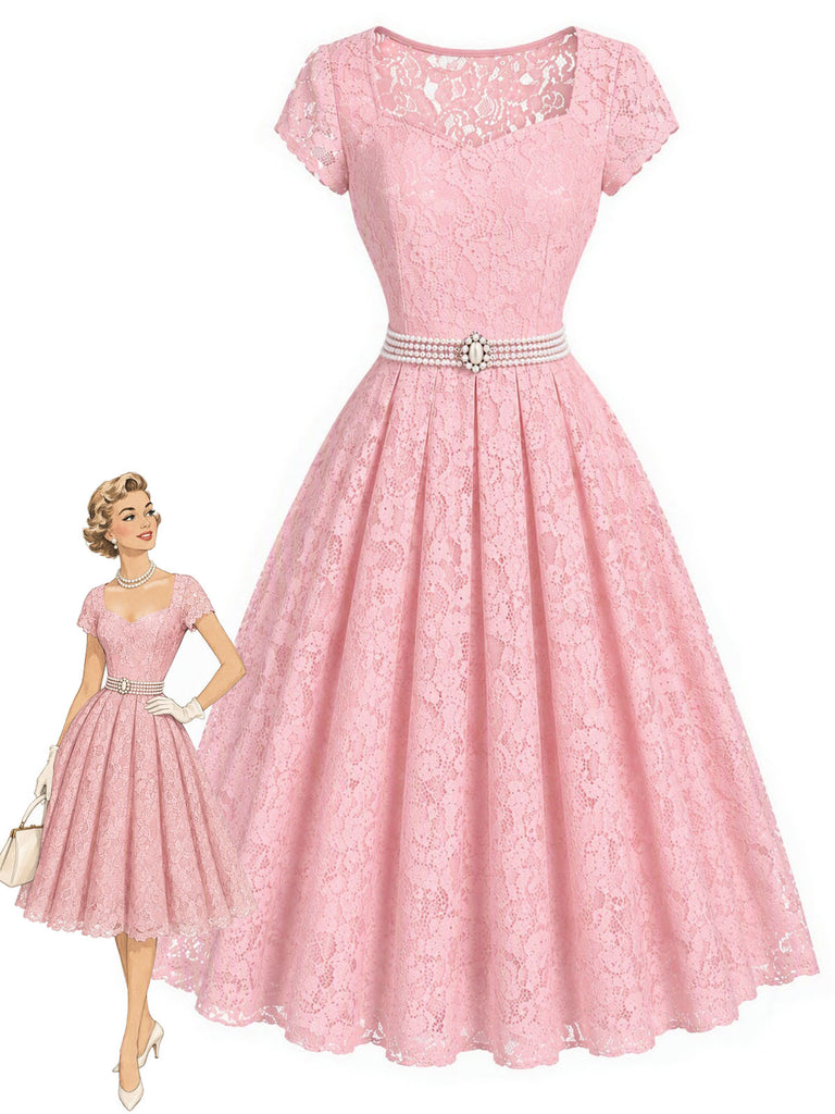 [Prevendita] Abito Rosa Anni '50 Scollo a Cuore in Pizzo con Perle Cintura Umbrella