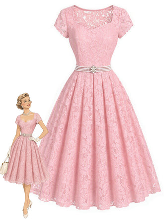 [Prevendita] Abito Rosa Anni '50 Scollo a Cuore in Pizzo con Perle Cintura Umbrella