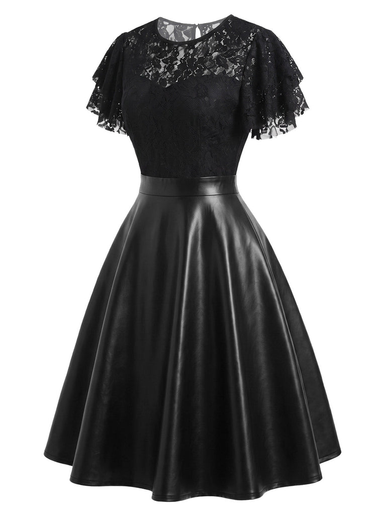 [Prevendita] Abito Nero Anni '50 in Pizzo e Ecopelle con Scollo Tondo 3