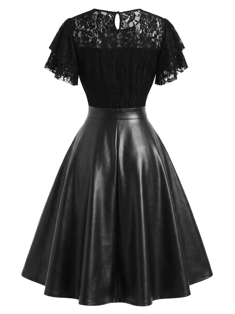 [Prevendita] Abito Nero Anni '50 in Pizzo e Ecopelle con Scollo Tondo 4