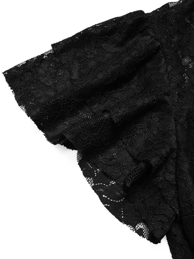[Prevendita] Abito Nero Anni '50 in Pizzo e Ecopelle con Scollo Tondo 5