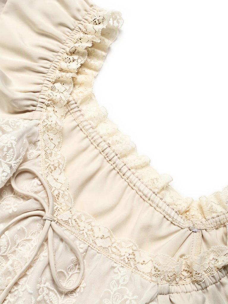 [Prevendita] 2PCS Gonna Beige Anni '70 Off‑spalle in Pizzo con Volant Top e Asimmetrico 8
