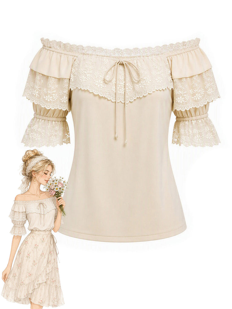 [Prevendita] Camicetta Beige Anni '70 Convertible Off‑spalle in Pizzo con Volant