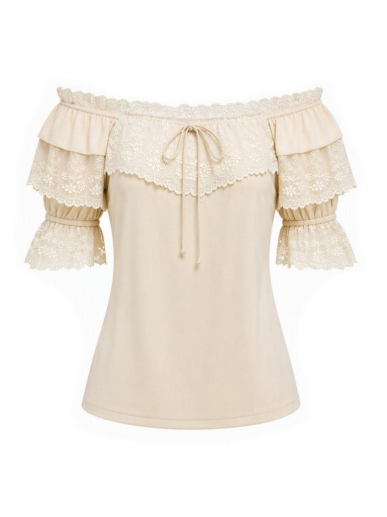 [Prevendita] 2PCS Gonna Beige Anni '70 Off‑spalle in Pizzo con Volant Top e Asimmetrico 5