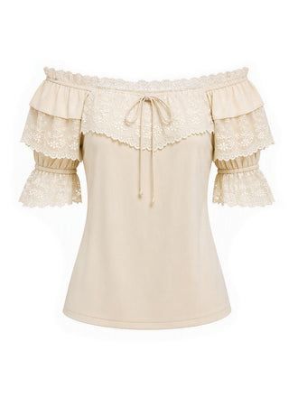[Prevendita] Camicetta Beige Anni '70 Convertible Off‑spalle in Pizzo con Volant 2