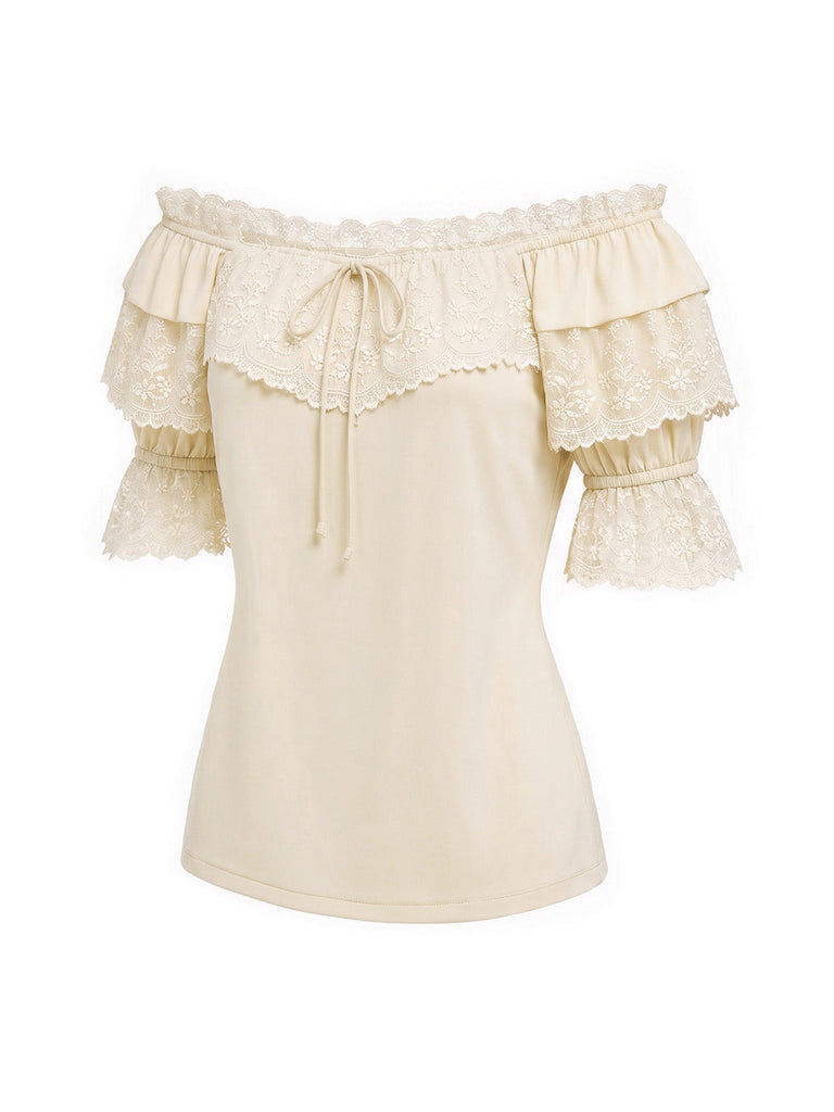 [Prevendita] 2PCS Gonna Beige Anni '70 Off‑spalle in Pizzo con Volant Top e Asimmetrico 6
