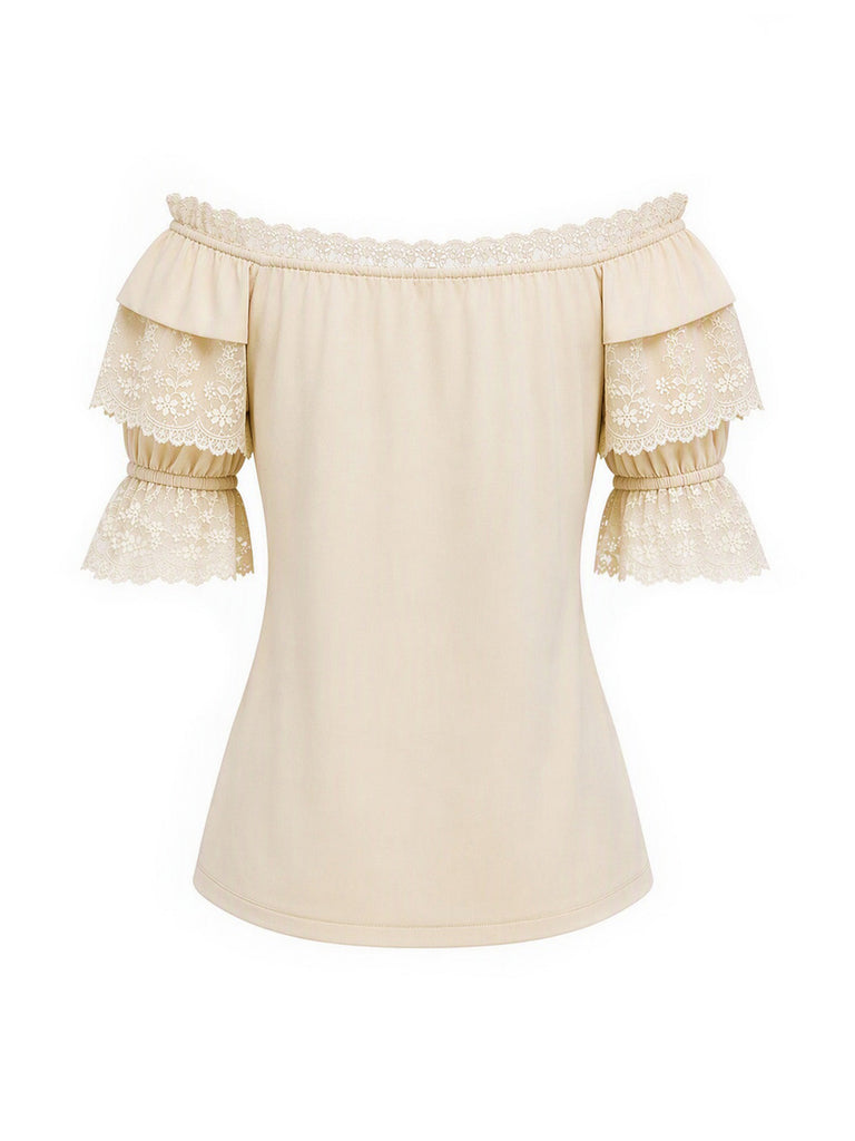 [Prevendita] Camicetta Beige Anni '70 Convertible Off‑spalle in Pizzo con Volant 4