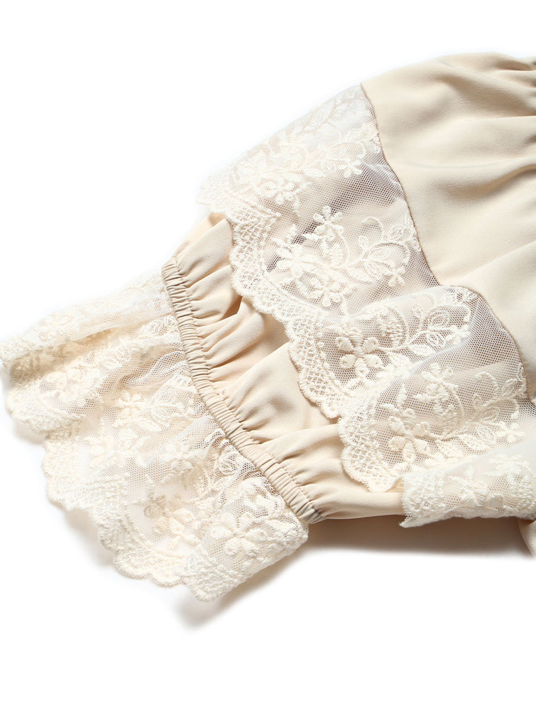 [Prevendita] 2PCS Gonna Beige Anni '70 Off‑spalle in Pizzo con Volant Top e Asimmetrico 9