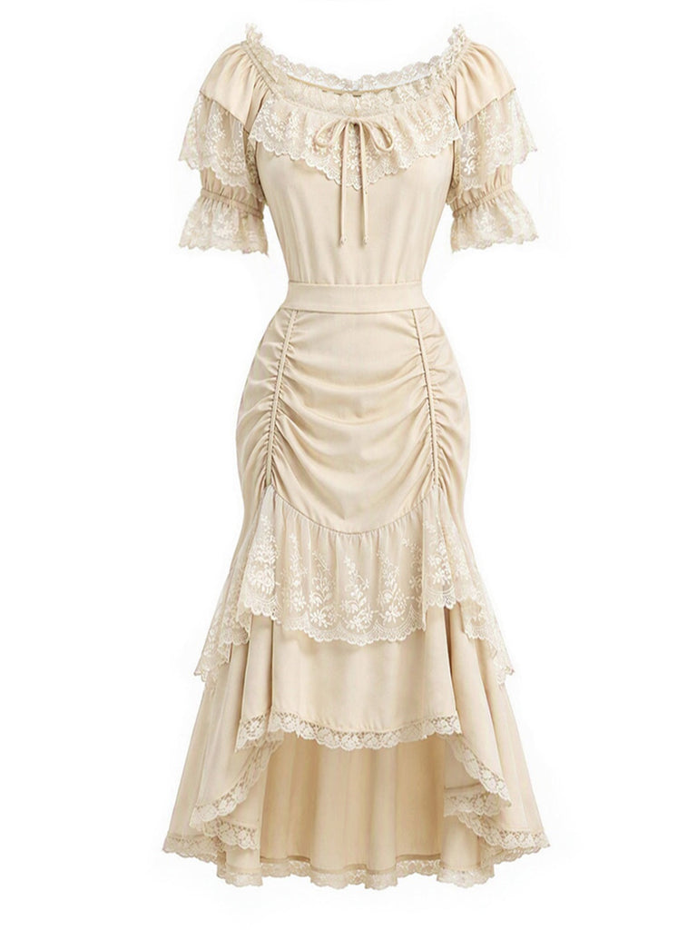 [Prevendita] 2PCS Gonna Beige Anni '70 Off‑spalle in Pizzo con Volant Top e Asimmetrico 2