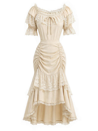 [Prevendita] 2PCS Gonna Beige Anni '70 Off‑spalle in Pizzo con Volant Top e Asimmetrico 2