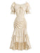 [Prevendita] 2PCS Gonna Beige Anni '70 Off‑spalle in Pizzo con Volant Top e Asimmetrico 2