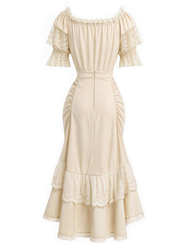 [Prevendita] 2PCS Gonna Beige Anni '70 Off‑spalle in Pizzo con Volant Top e Asimmetrico 4
