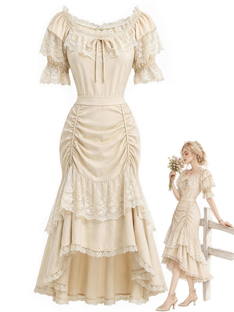 [Prevendita] 2PCS Gonna Beige Anni '70 Off‑spalle in Pizzo con Volant Top e Asimmetrico