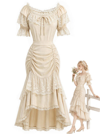 [Prevendita] 2PCS Gonna Beige Anni '70 Off‑spalle in Pizzo con Volant Top e Asimmetrico